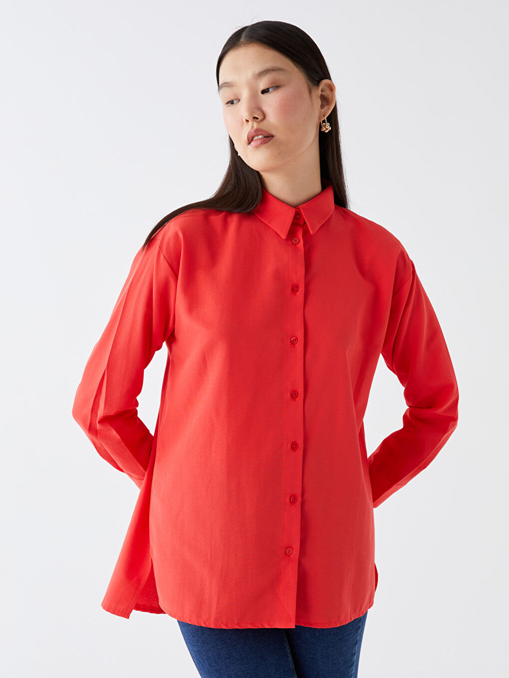 Kırmızı Düz Uzun Kollu Kadın Gömlek Tunik