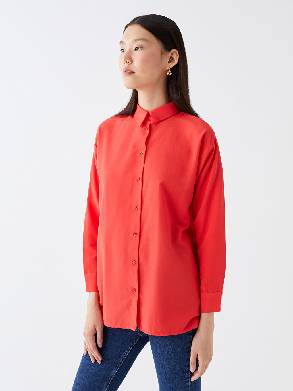 Kırmızı Düz Uzun Kollu Kadın Gömlek Tunik-1