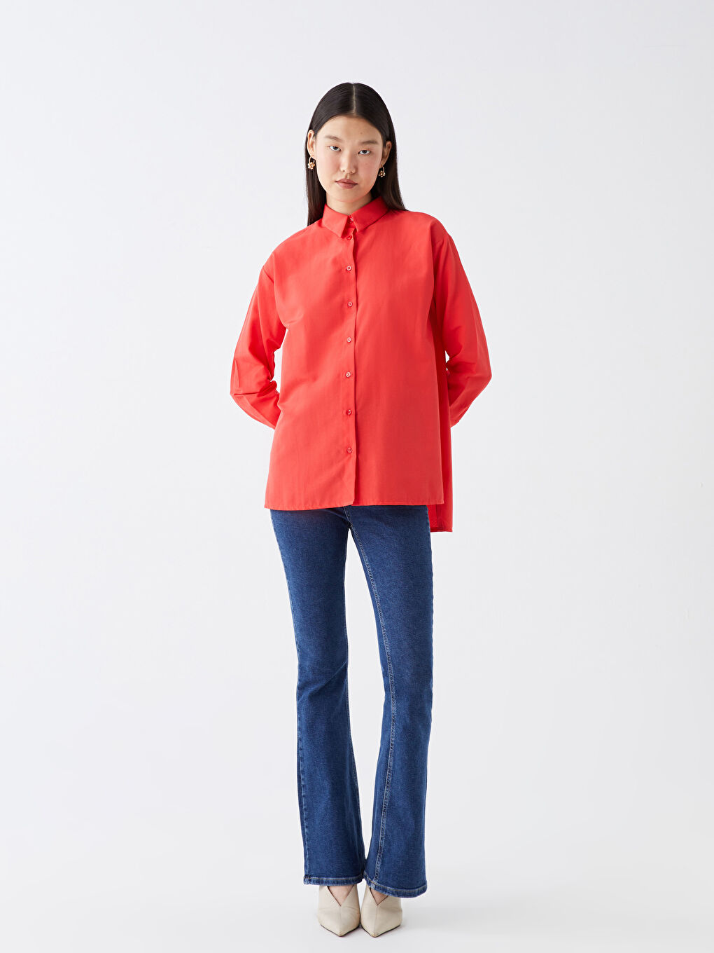 Kırmızı Düz Uzun Kollu Kadın Gömlek Tunik-2