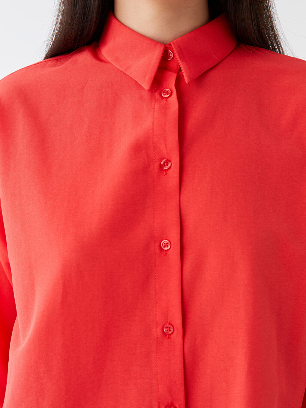 Kırmızı Düz Uzun Kollu Kadın Gömlek Tunik-3