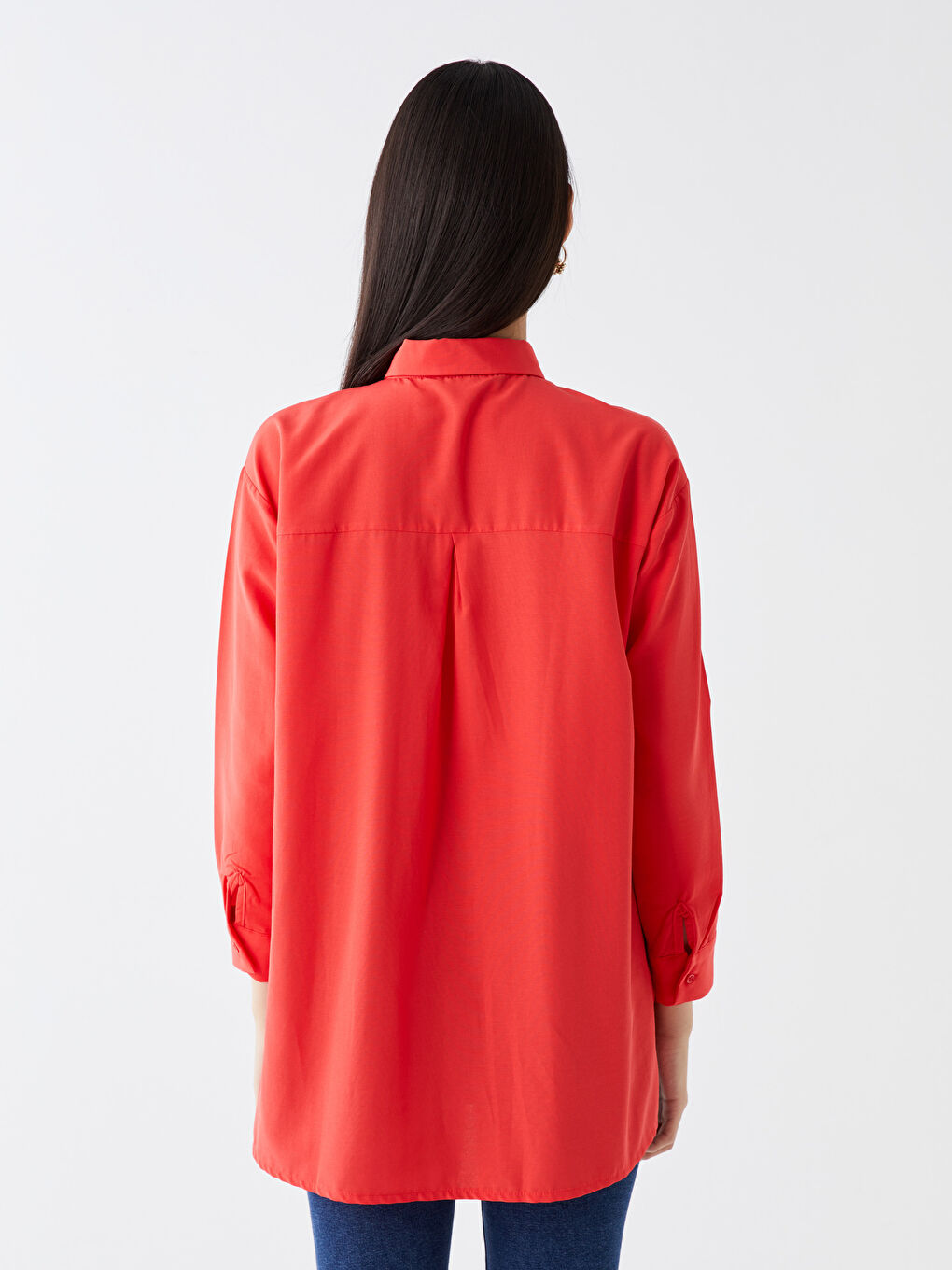 Kırmızı Düz Uzun Kollu Kadın Gömlek Tunik-4