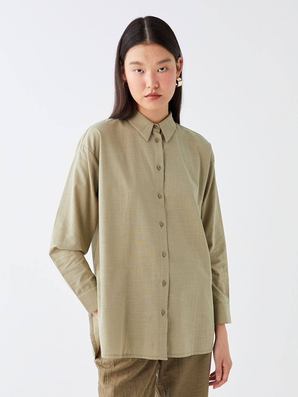 Haki Düz Uzun Kollu Kadın Gömlek Tunik