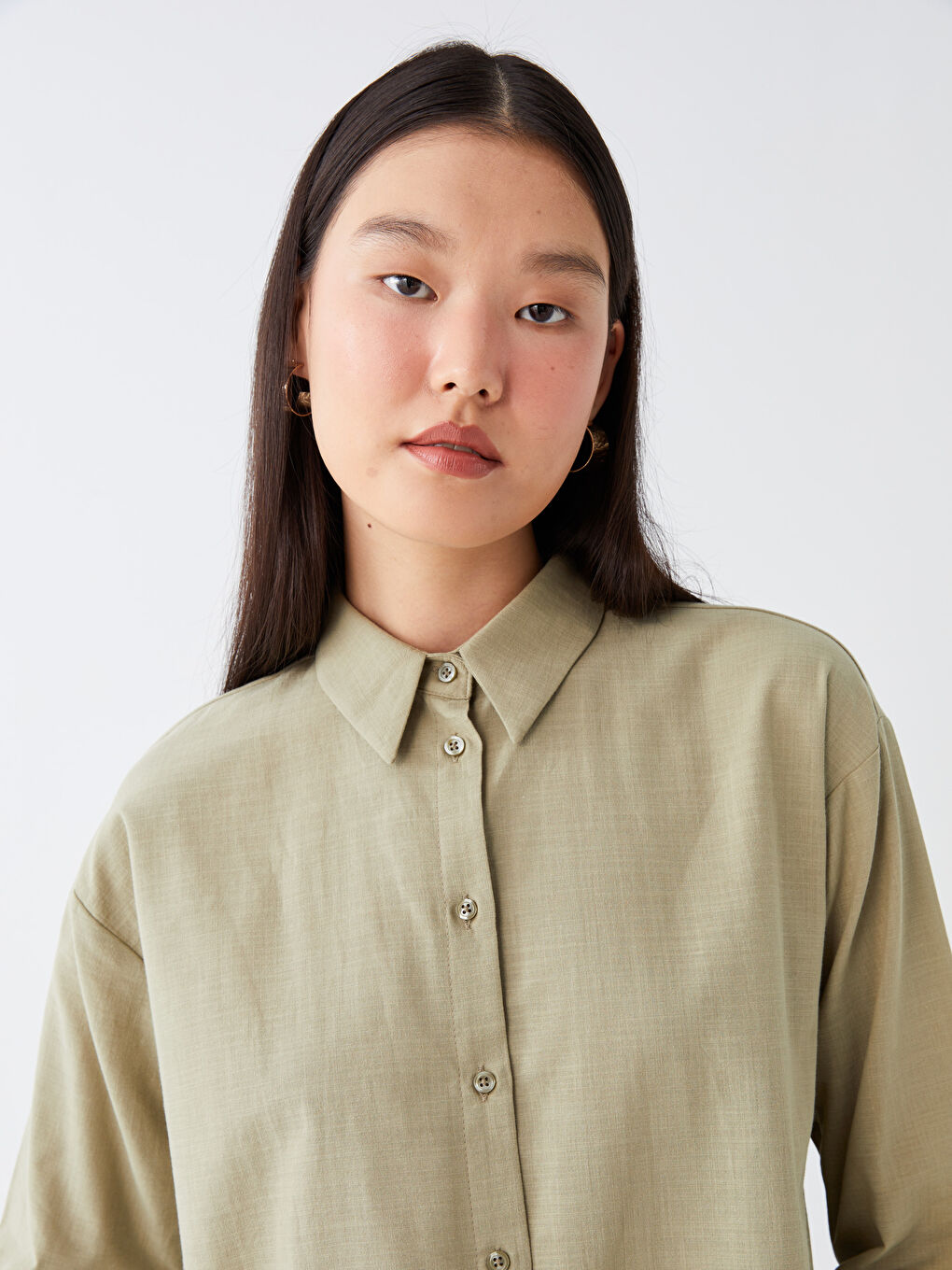 Haki Düz Uzun Kollu Kadın Gömlek Tunik-1