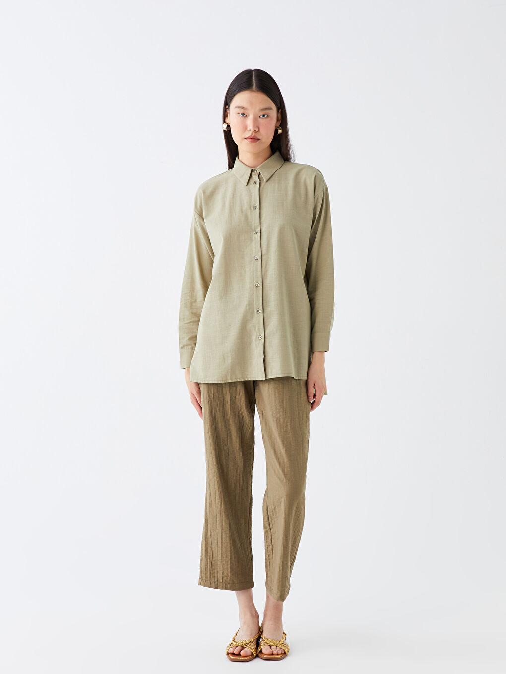 Haki Düz Uzun Kollu Kadın Gömlek Tunik-2