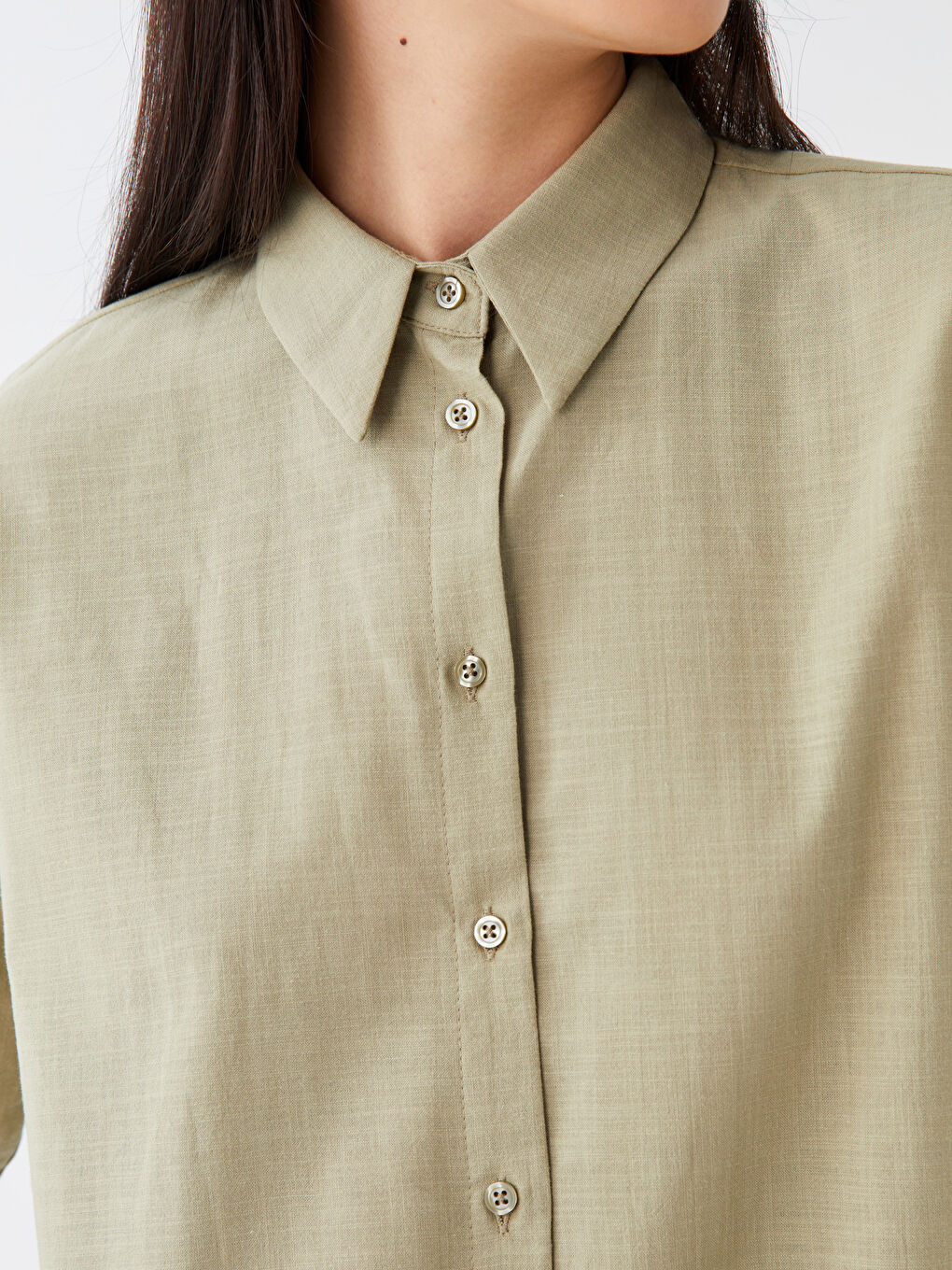 Haki Düz Uzun Kollu Kadın Gömlek Tunik-3
