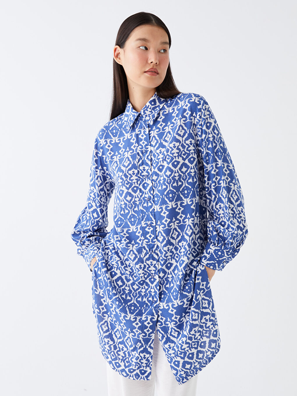 Mavi Desenli Kadın Gömlek Tunik