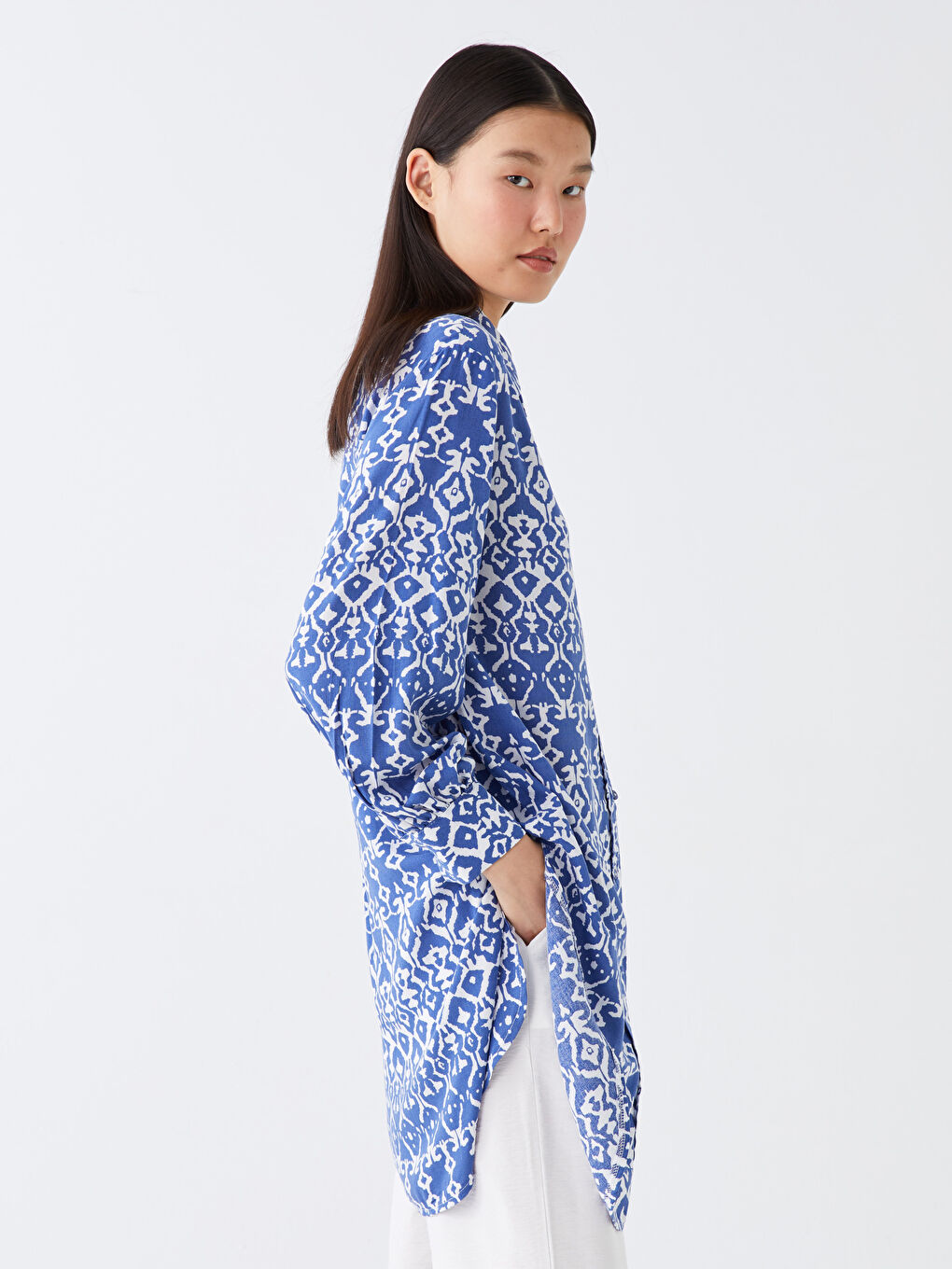 Mavi Desenli Kadın Gömlek Tunik-1