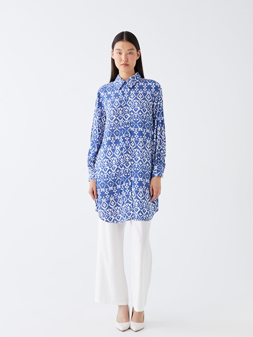 Mavi Desenli Kadın Gömlek Tunik-2