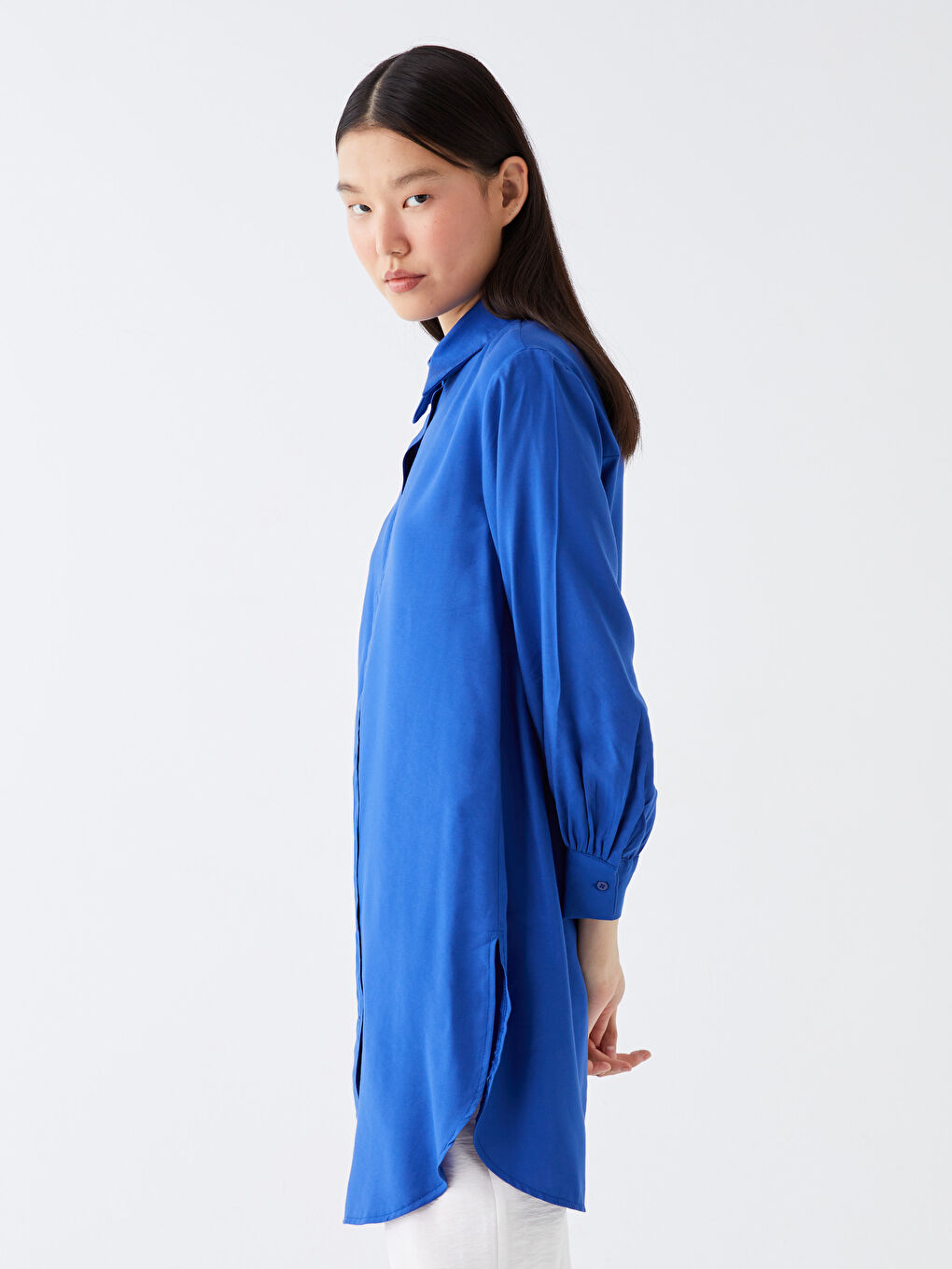 Lacivert Düz Uzun Kollu Kadın Gömlek Tunik