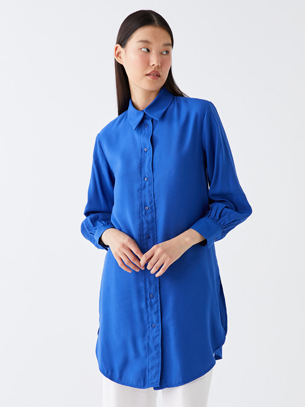 Lacivert Düz Uzun Kollu Kadın Gömlek Tunik-1