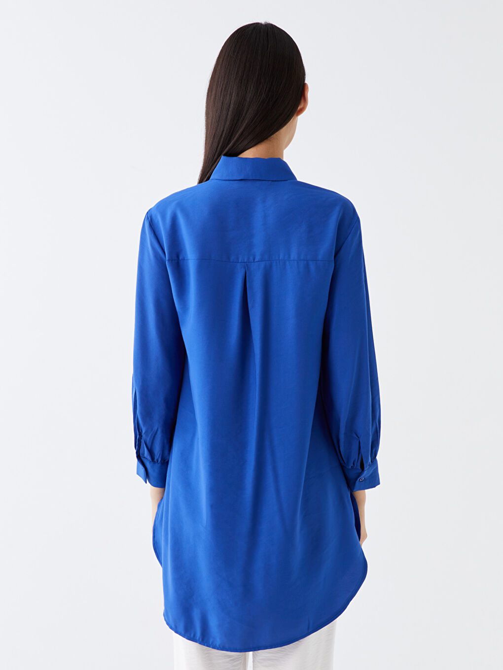 Lacivert Düz Uzun Kollu Kadın Gömlek Tunik-4