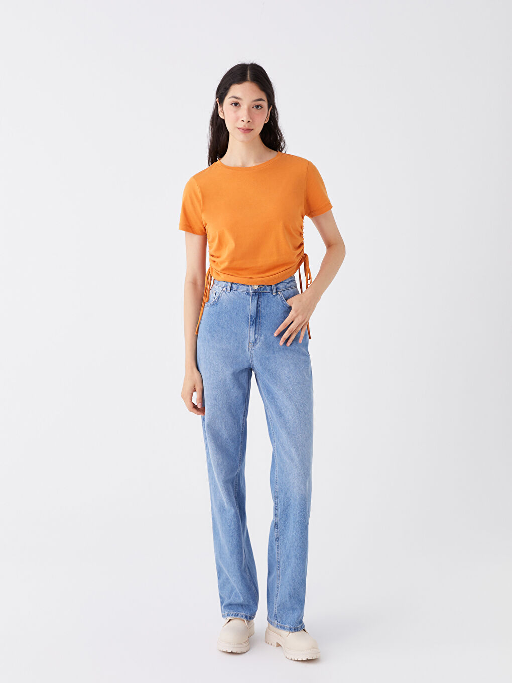 Turuncu Bisiklet Yaka Düz Kısa Kollu Kadın Tişört-2