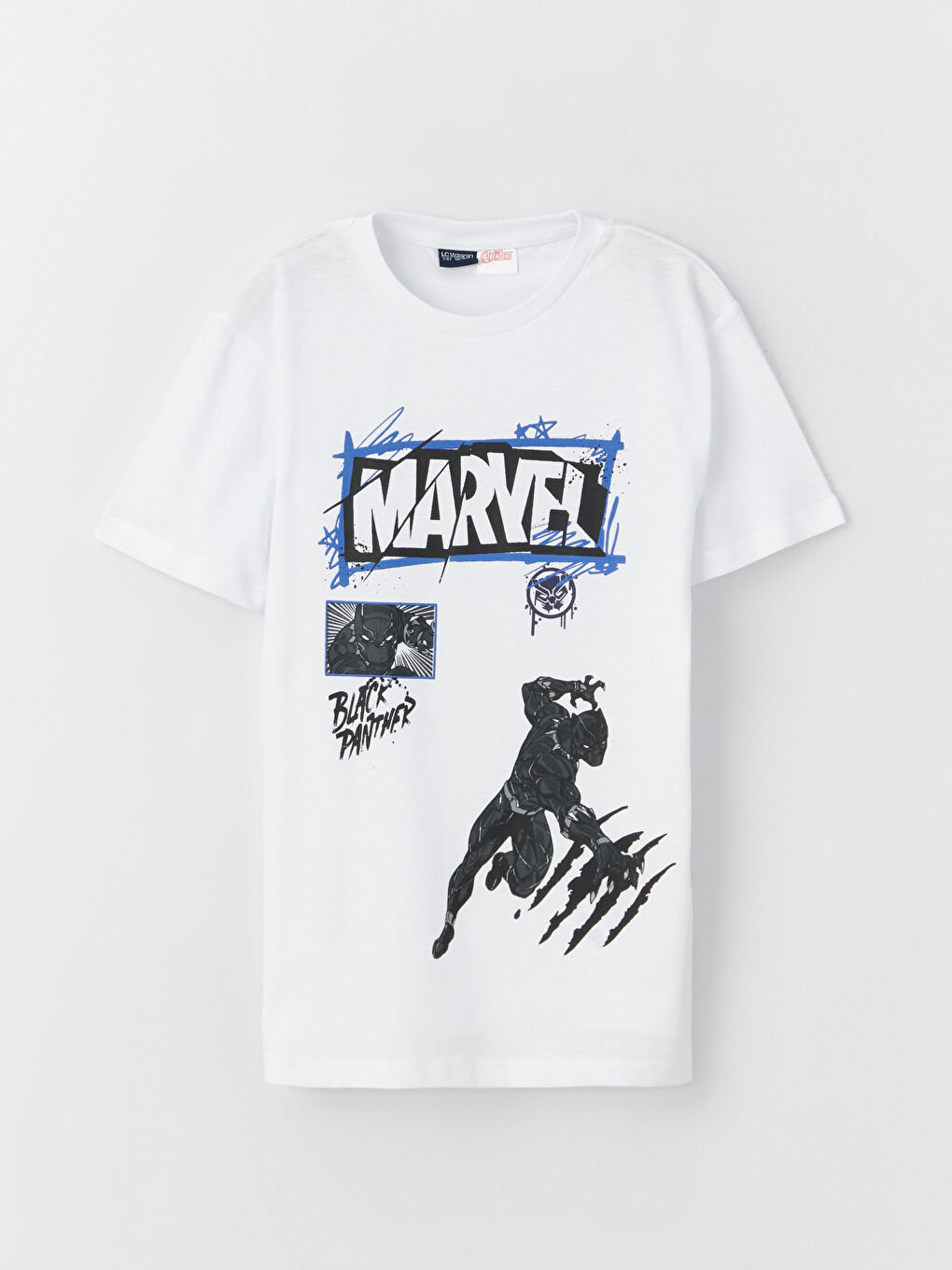 Beyaz Bisiklet Yaka Kara Panter Baskılı Kısa Kollu Erkek Çocuk Tişört