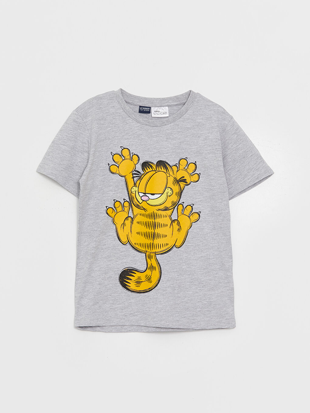 Gri Bisiklet Yaka Garfield Baskılı Kısa Kollu Erkek Çocuk Tişört