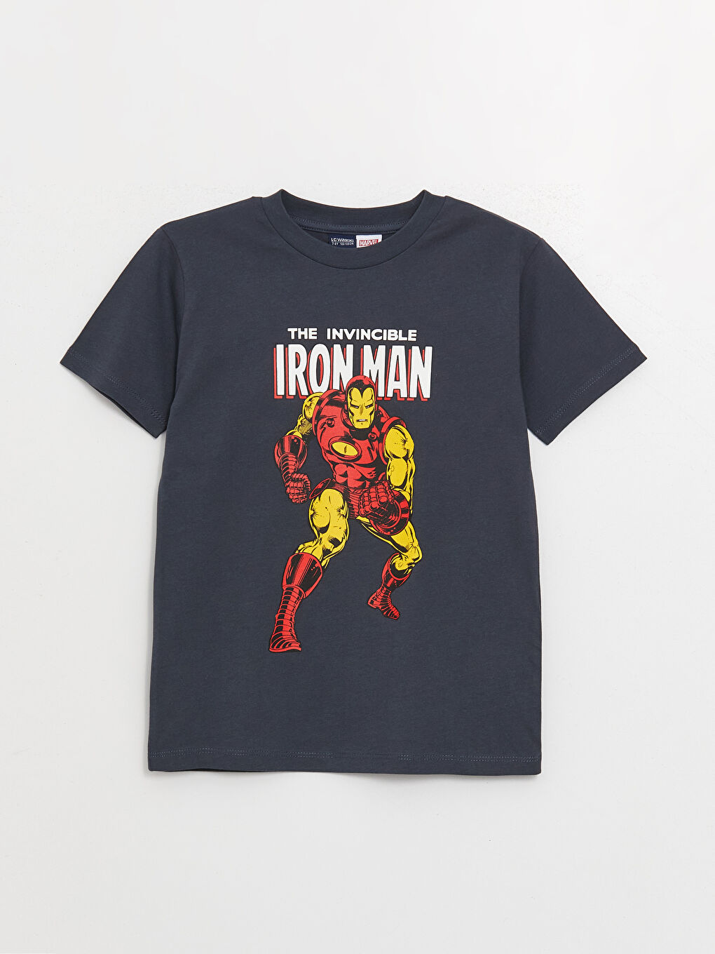 Antrasit Bisiklet Yaka İron Man Baskılı Kısa Kollu Erkek Çocuk Tişört