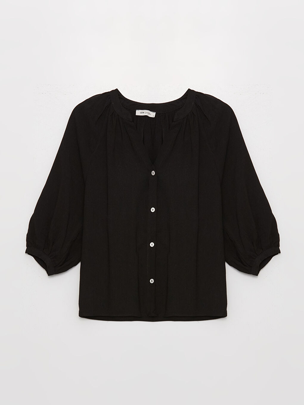 Siyah Kaçık Yaka Düz Keten Karışımlı Kadın Bluz-5