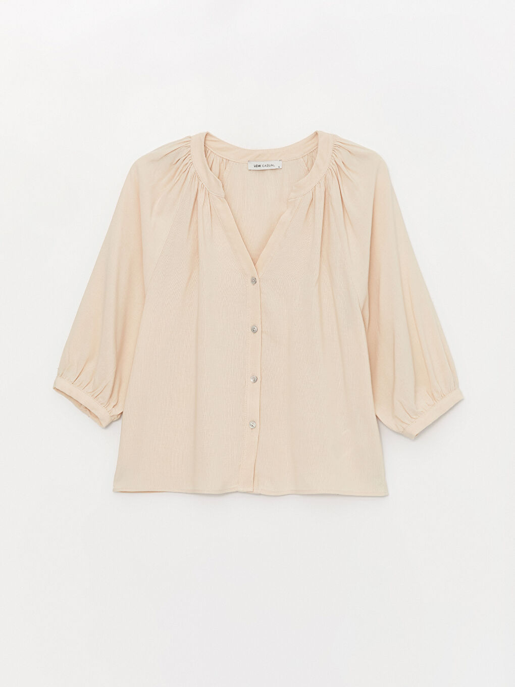 Bej Kaçık Yaka Düz Keten Karışımlı Kadın Bluz-5