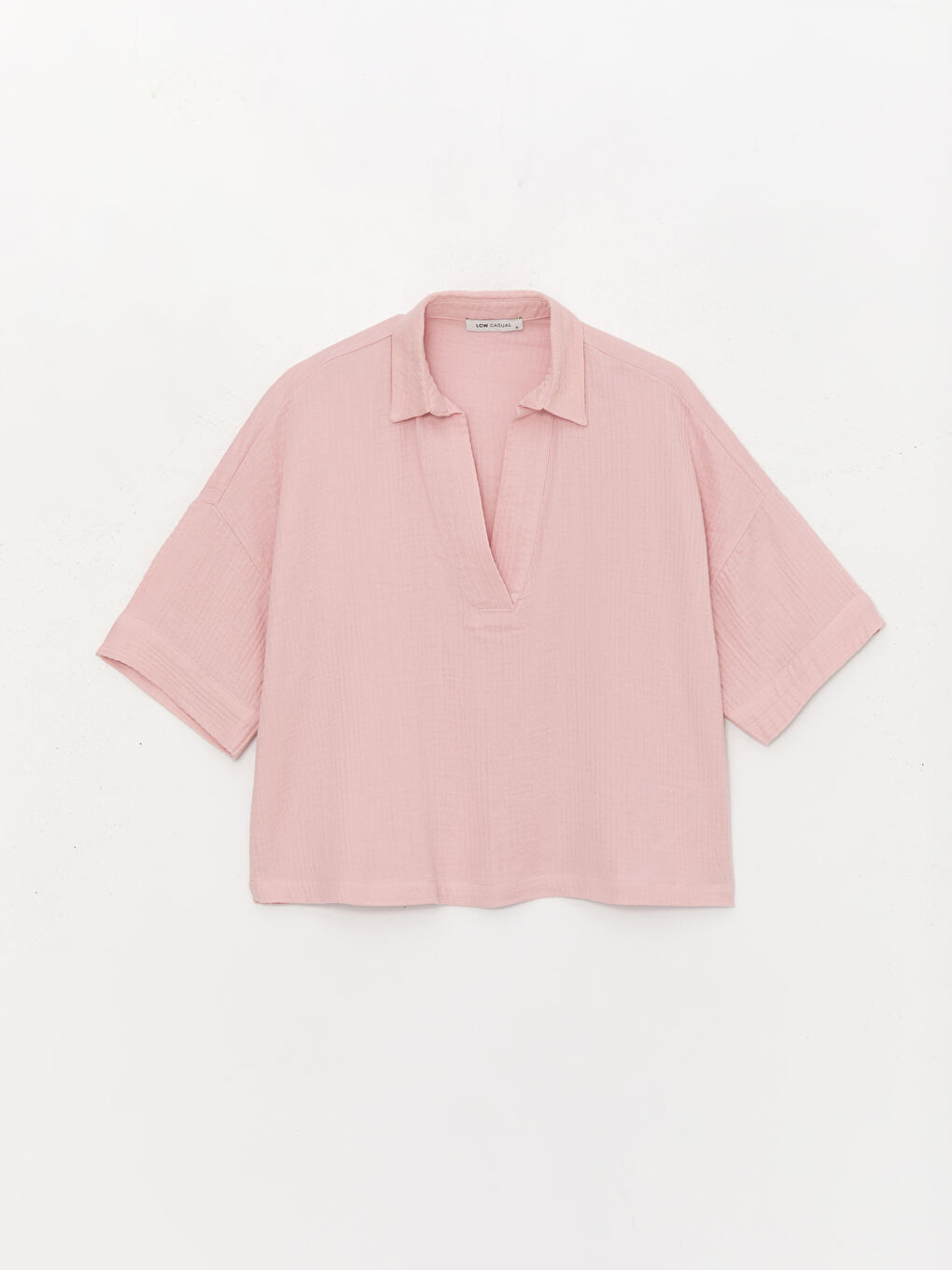 Pembe Polo Yaka Düz Kısa Kollu Oversize Kadın Bluz-5