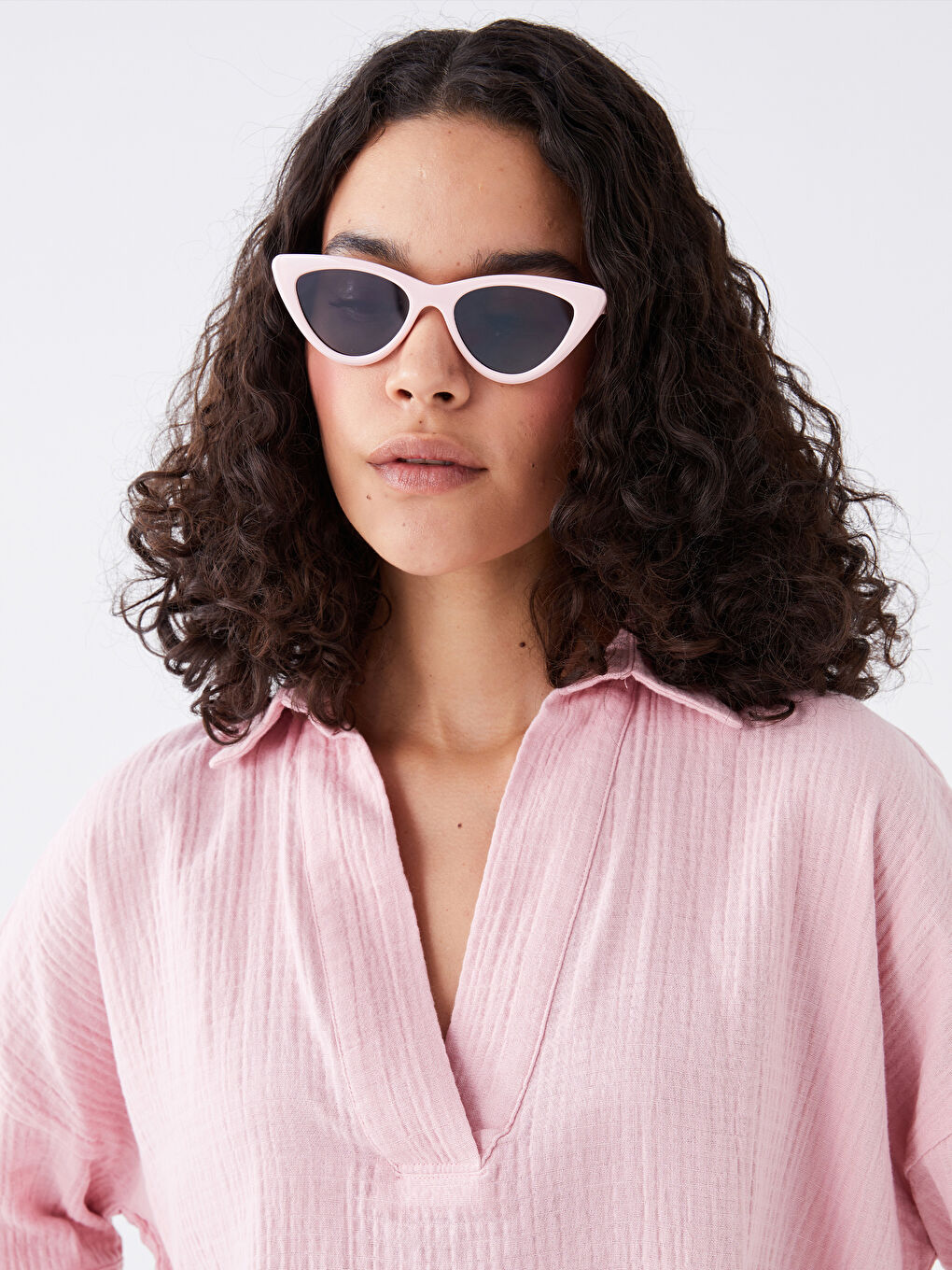 Pembe Polo Yaka Düz Kısa Kollu Oversize Kadın Bluz-1