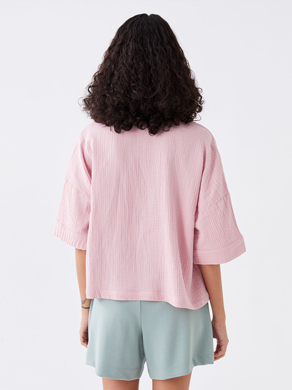 Pembe Polo Yaka Düz Kısa Kollu Oversize Kadın Bluz-4