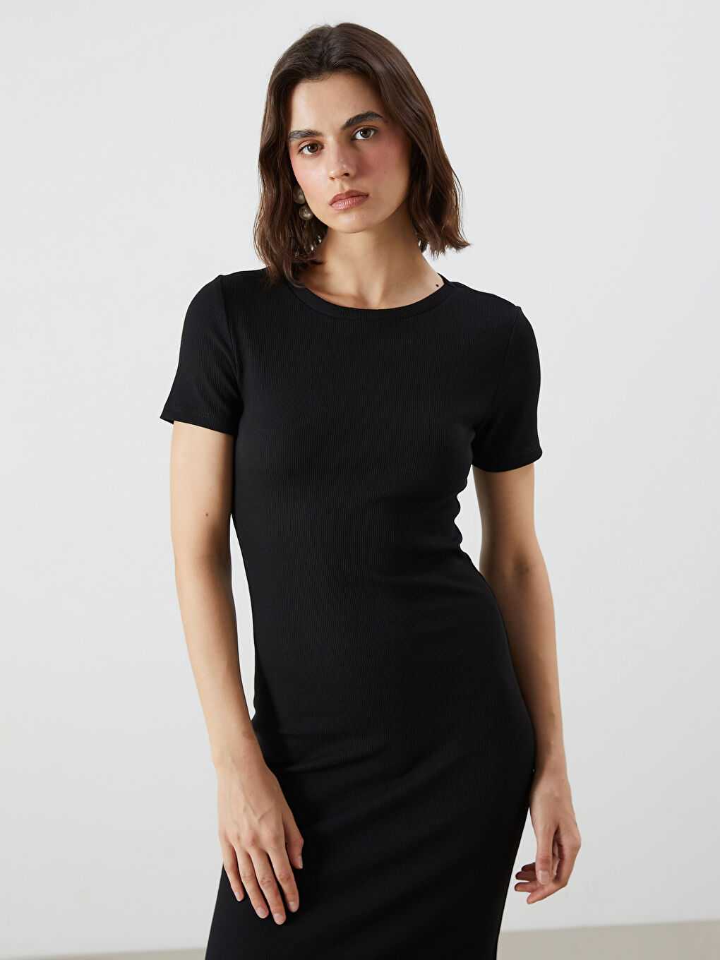 Siyah Bisiklet Yaka Bodycon Elbise-5