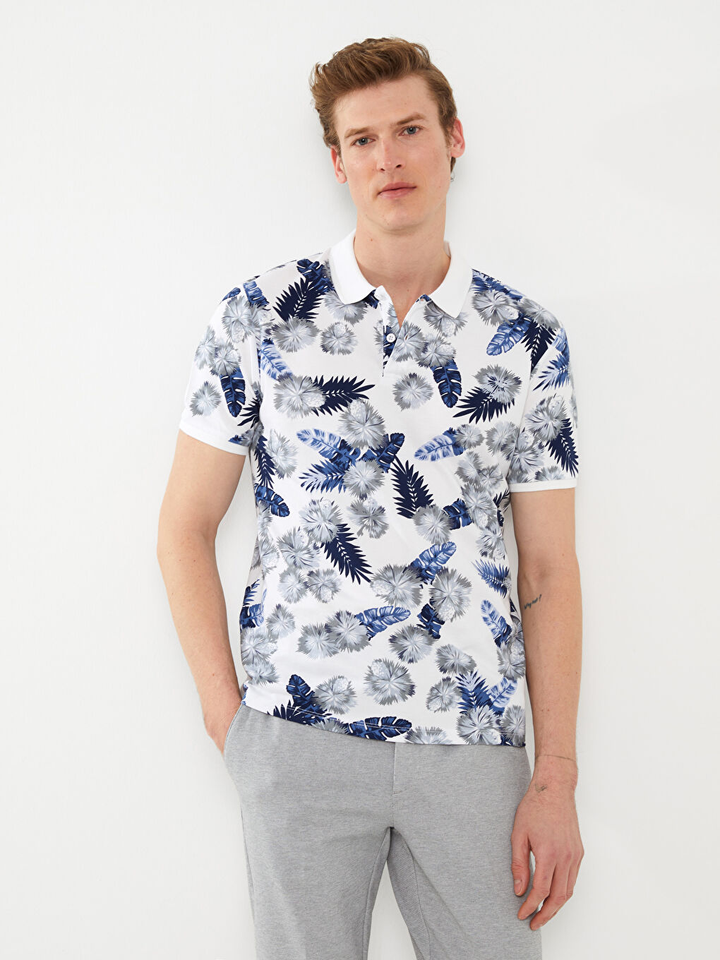 Polo Neck Short Sleeve Patterned Pique Men's T-Shirt -S59327Z8-LU7