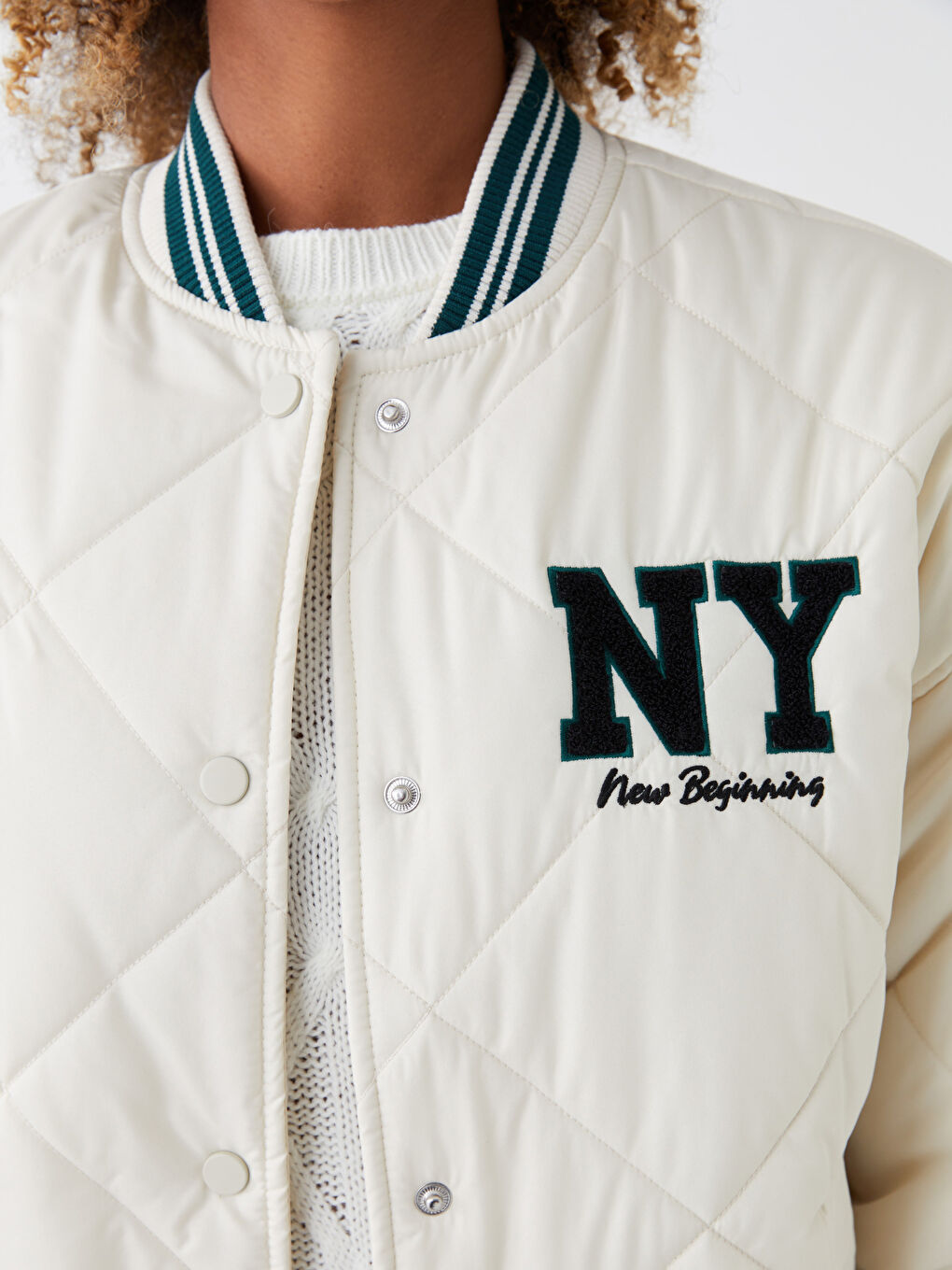 Ekru Nakışlı Uzun Kollu Kadın Kolej Ceket-4