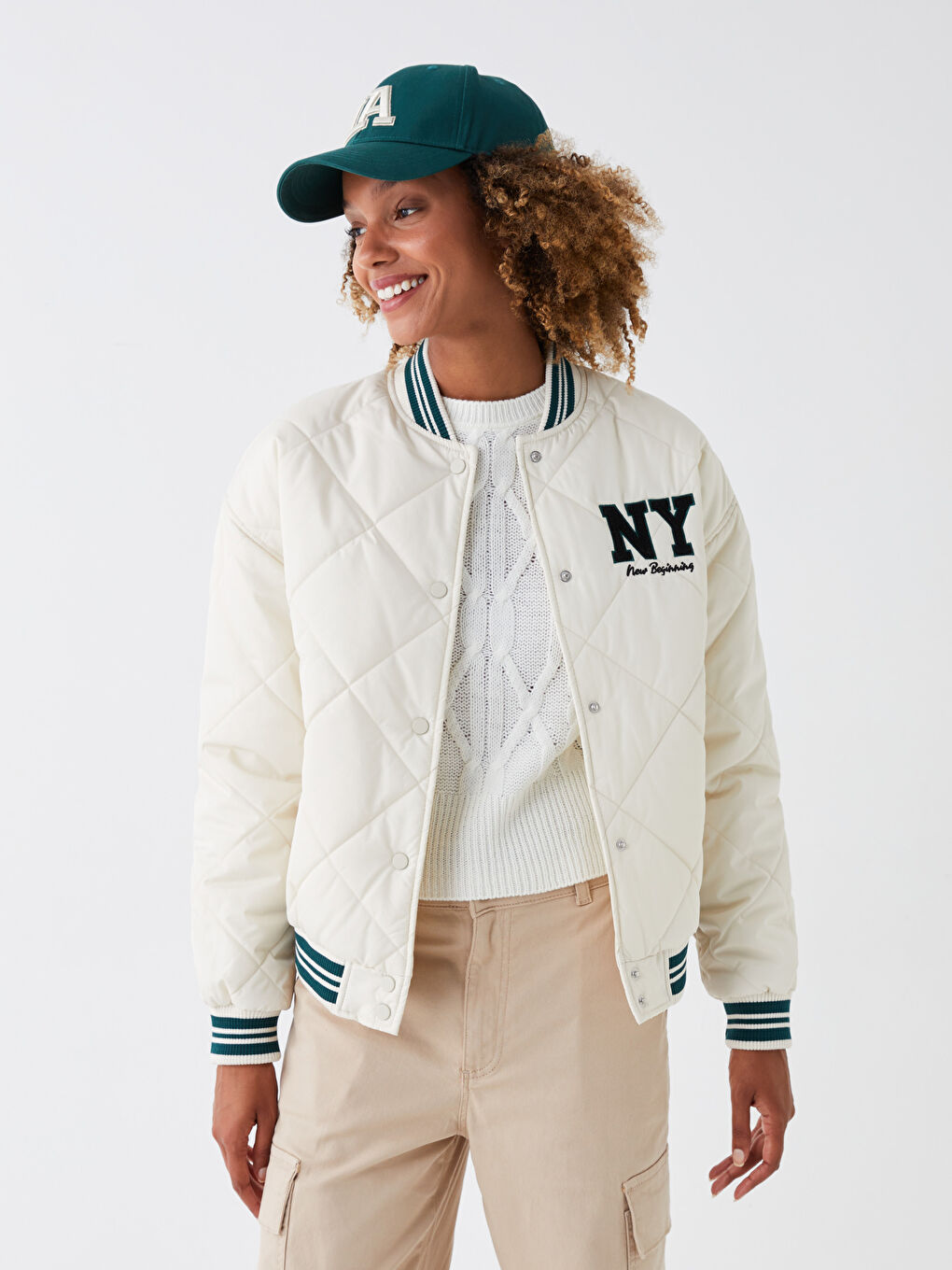 Ekru Nakışlı Uzun Kollu Kadın Kolej Ceket-1