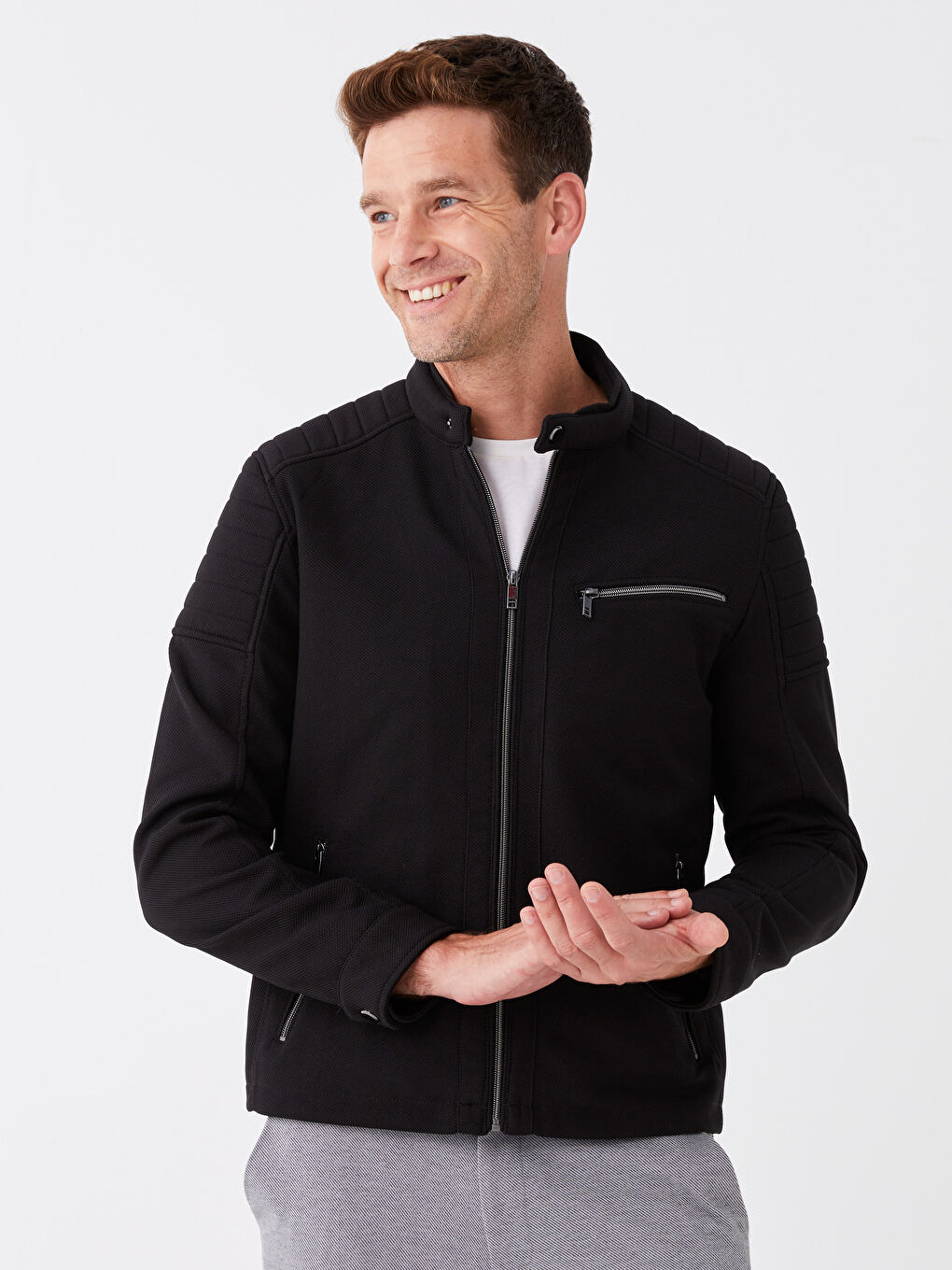 Siyah Slim Fit Biker Yaka Erkek Mont-1