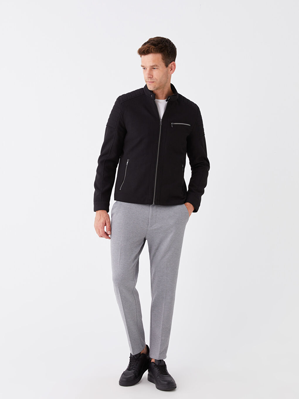 Siyah Slim Fit Biker Yaka Erkek Mont-2