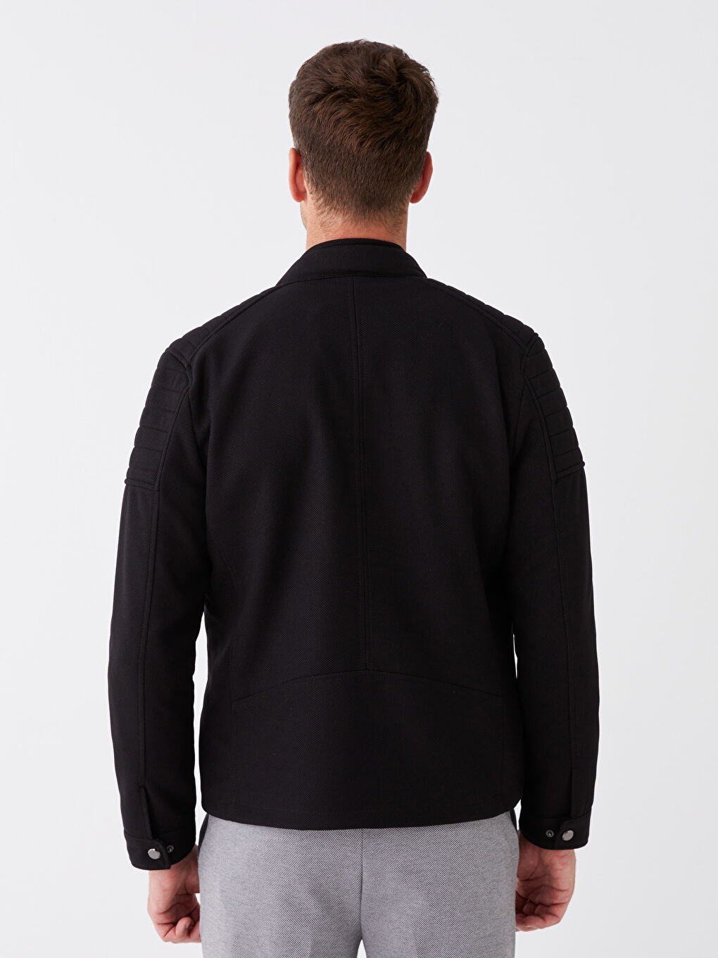 Siyah Slim Fit Biker Yaka Erkek Mont-5