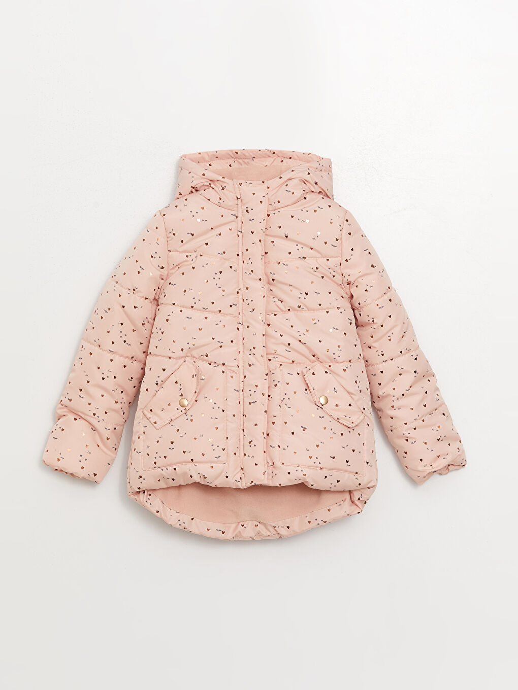 Pembe Kapüşonlu Baskılı Kız Çocuk Mont