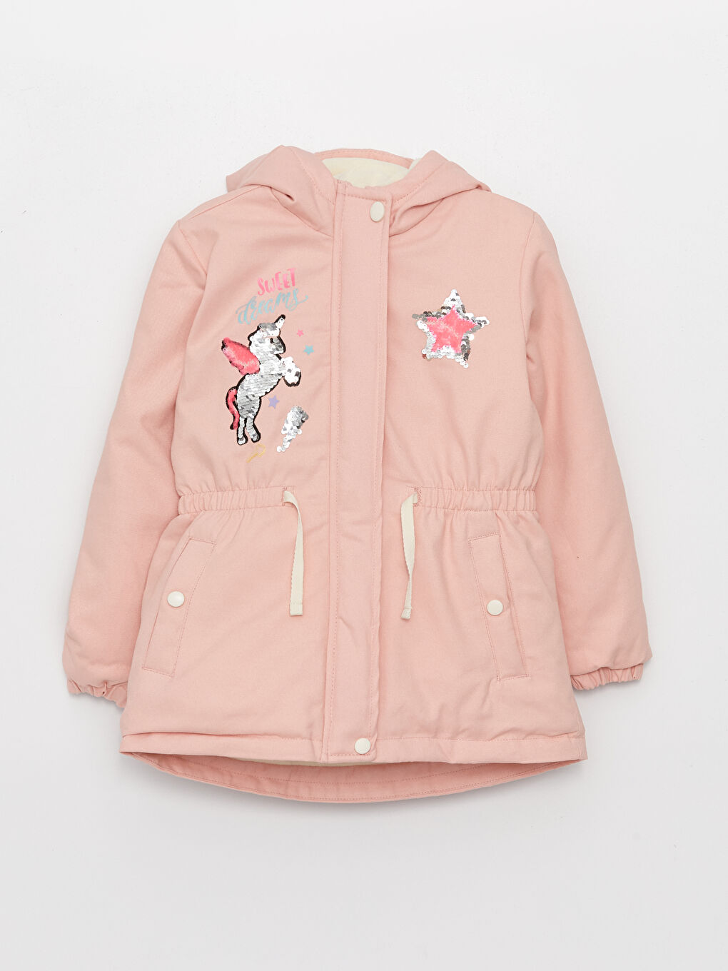 LCW Kids Pembe Kapüşonlu Pul İşlemeli Kız Çocuk Parka