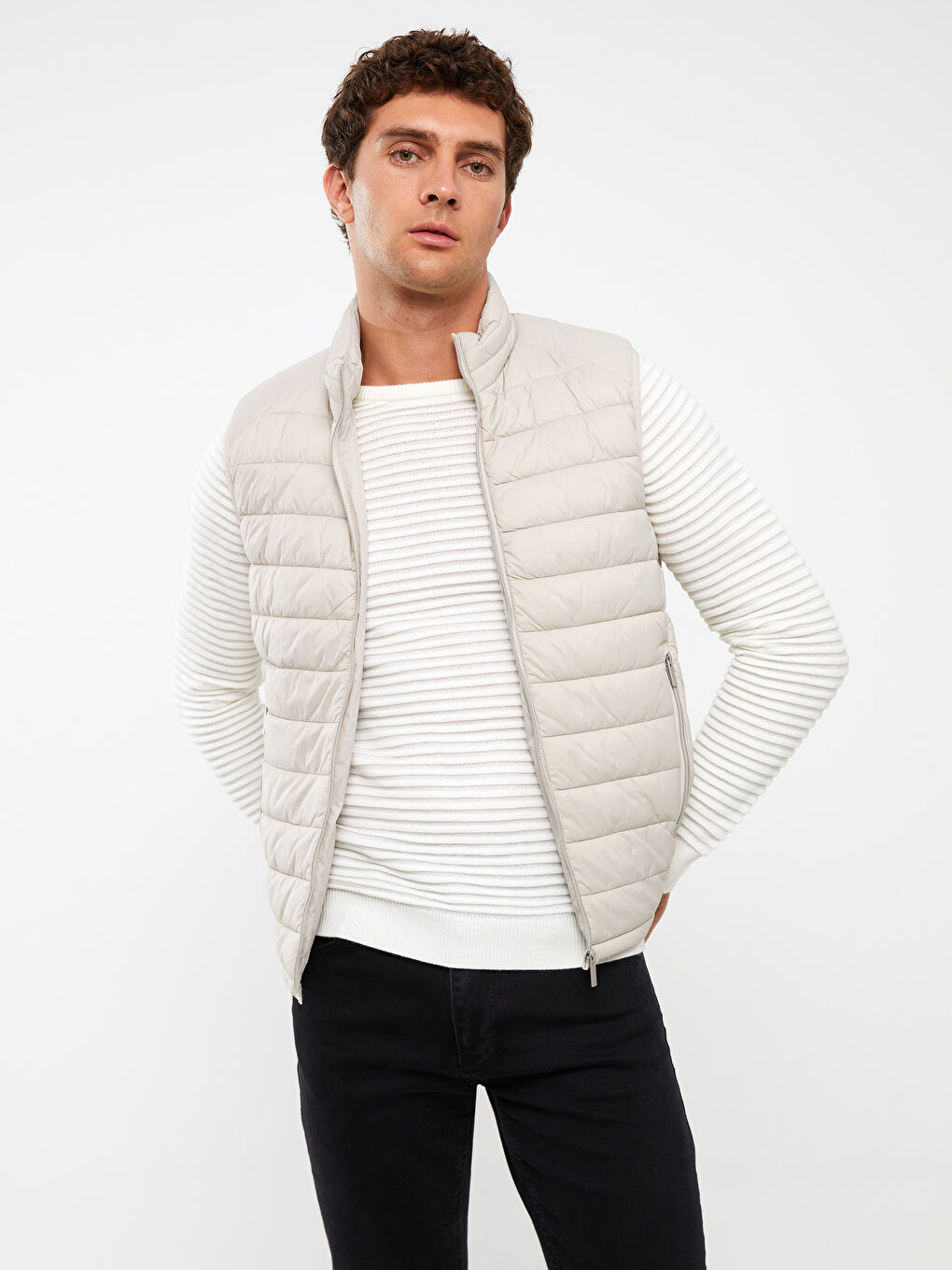 Bej Slim Fit Dik Yaka Erkek Şişme Yelek