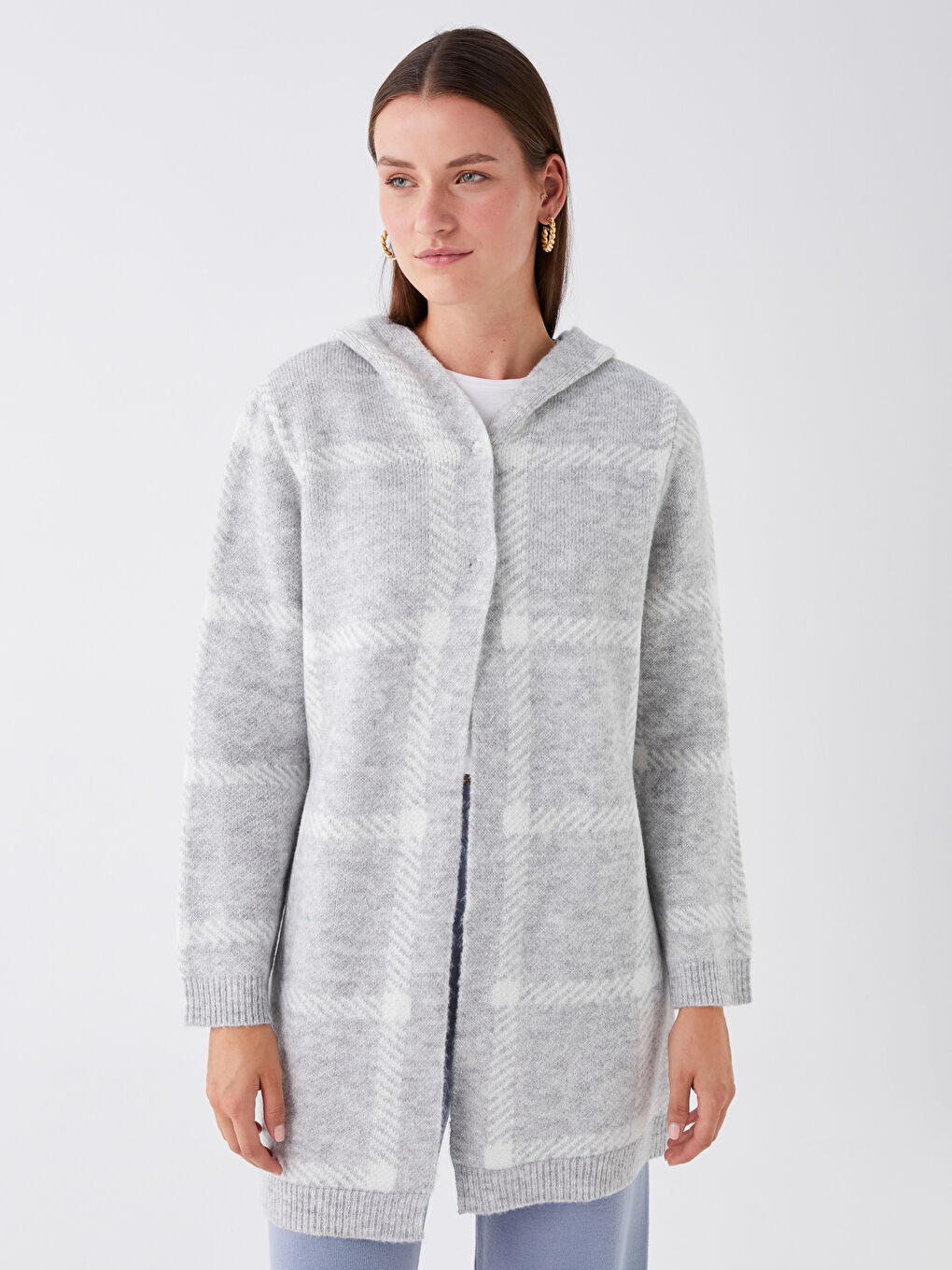 Gri Kapüşonlu Ekose Uzun Kollu Kadın Triko Hırka-1