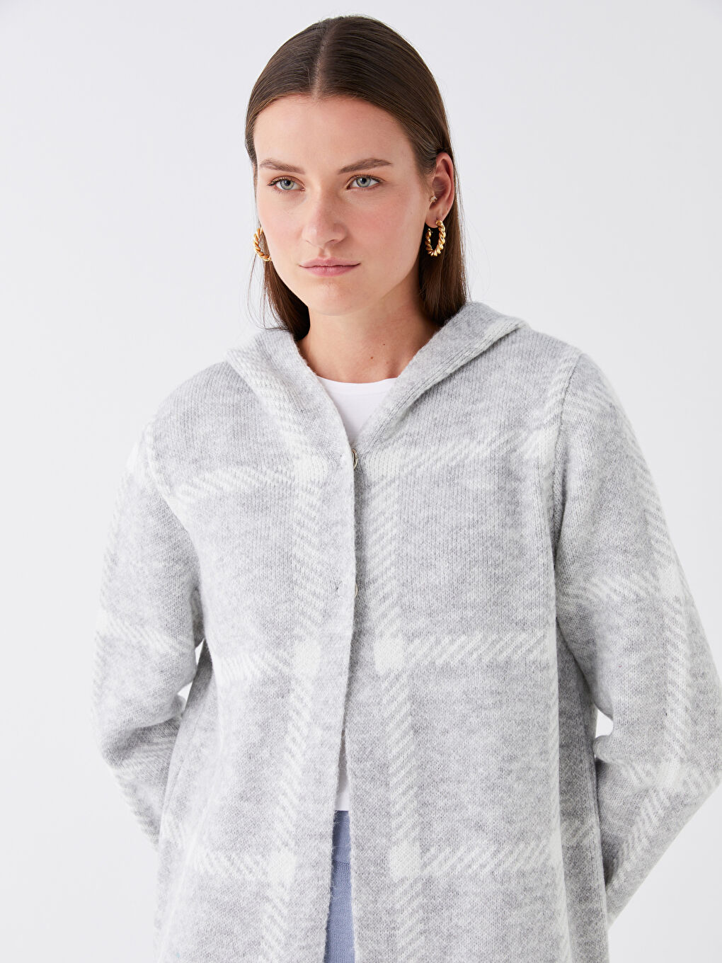 Gri Kapüşonlu Ekose Uzun Kollu Kadın Triko Hırka-2