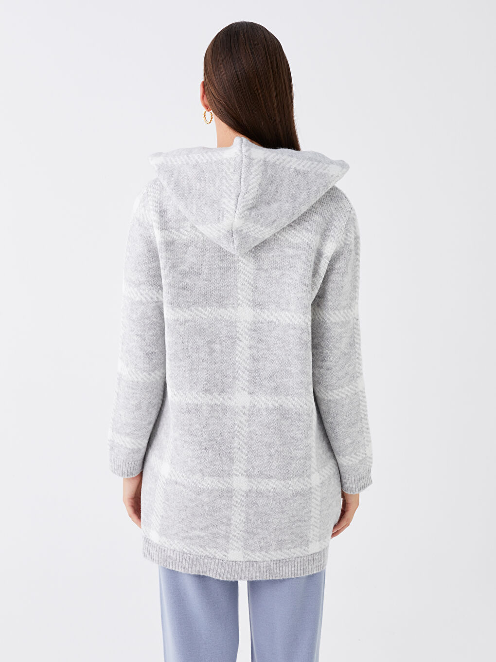 Gri Kapüşonlu Ekose Uzun Kollu Kadın Triko Hırka-4