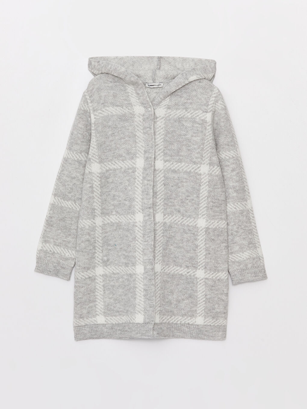 Gri Kapüşonlu Ekose Uzun Kollu Kadın Triko Hırka-5