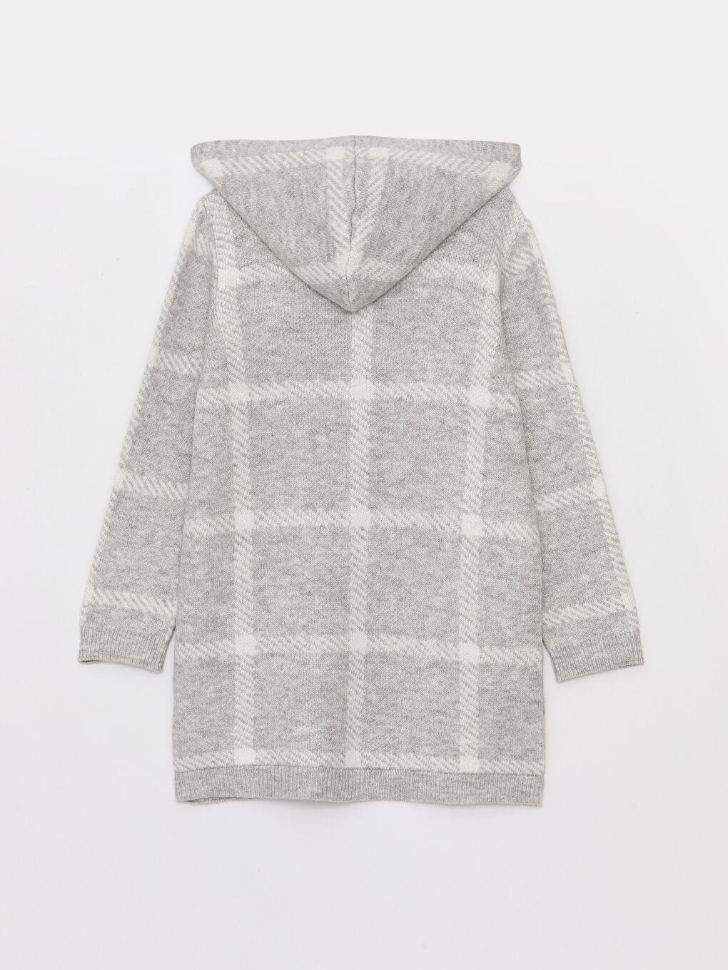 Gri Kapüşonlu Ekose Uzun Kollu Kadın Triko Hırka-6