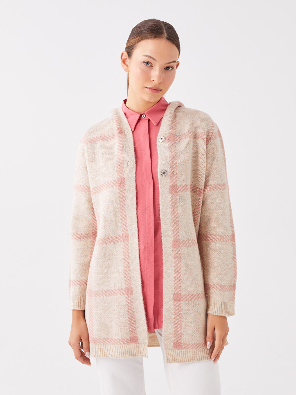 Hooded Plaid Long Sleeve Women's Tricot Cardigan-1