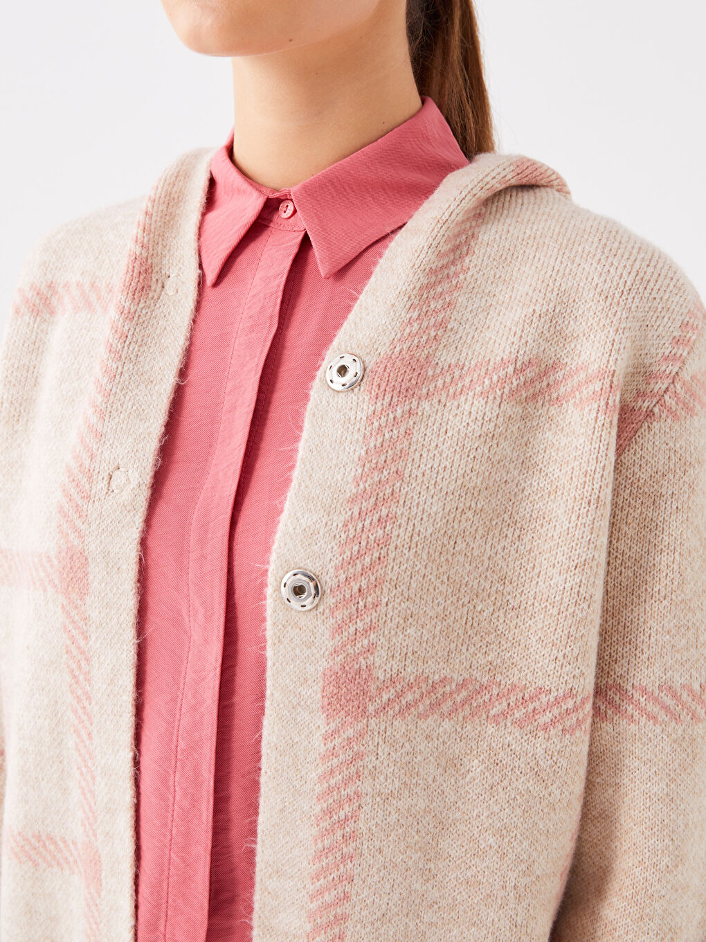 Hooded Plaid Long Sleeve Women's Tricot Cardigan-3