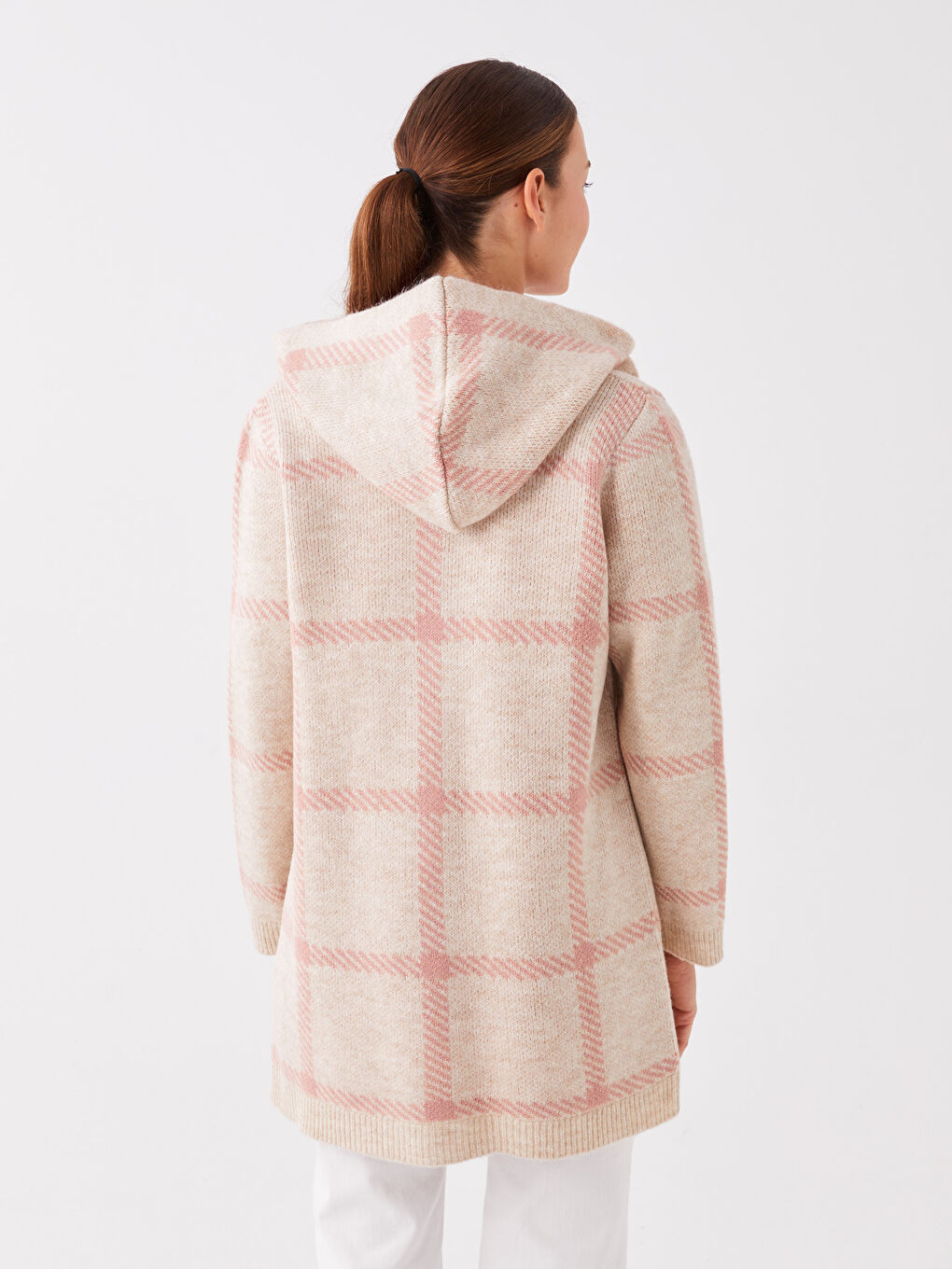 Hooded Plaid Long Sleeve Women's Tricot Cardigan-4