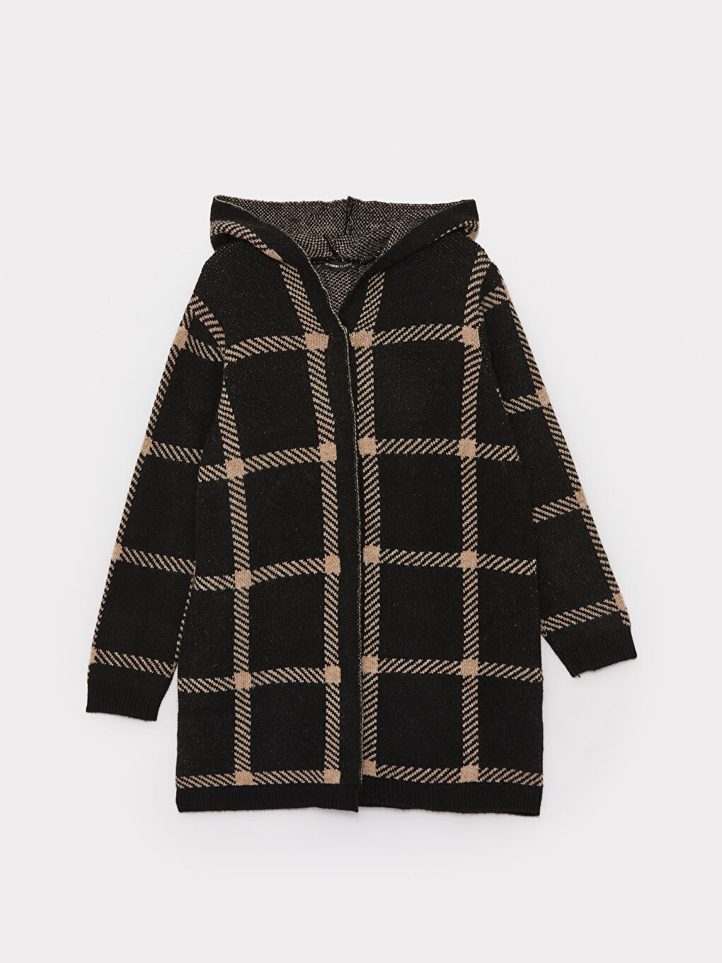 Siyah Kapüşonlu Ekose Uzun Kollu Kadın Triko Hırka-5