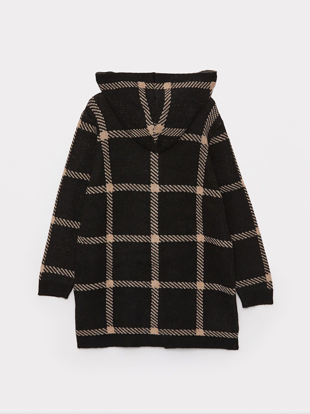 Siyah Kapüşonlu Ekose Uzun Kollu Kadın Triko Hırka-6