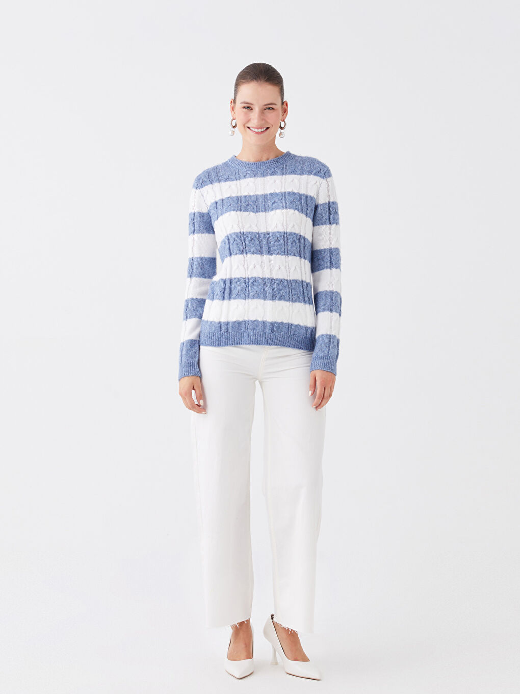 әйелдерге арналған дөңгелек жағалы түрлі-түсті ұзын жең трикотаж жемпір-1