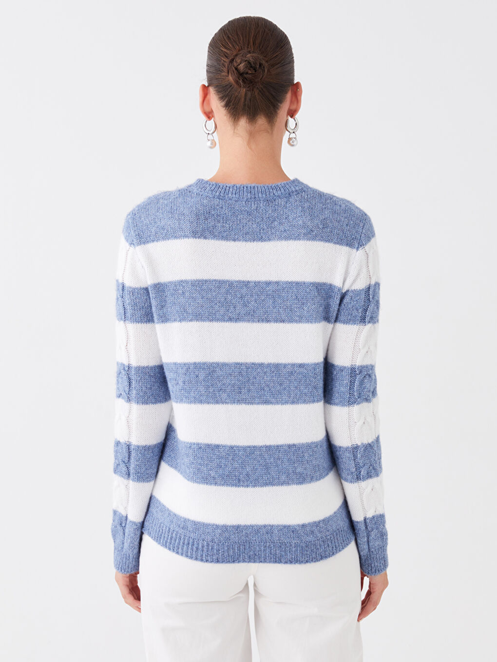 әйелдерге арналған дөңгелек жағалы түрлі-түсті ұзын жең трикотаж жемпір-4