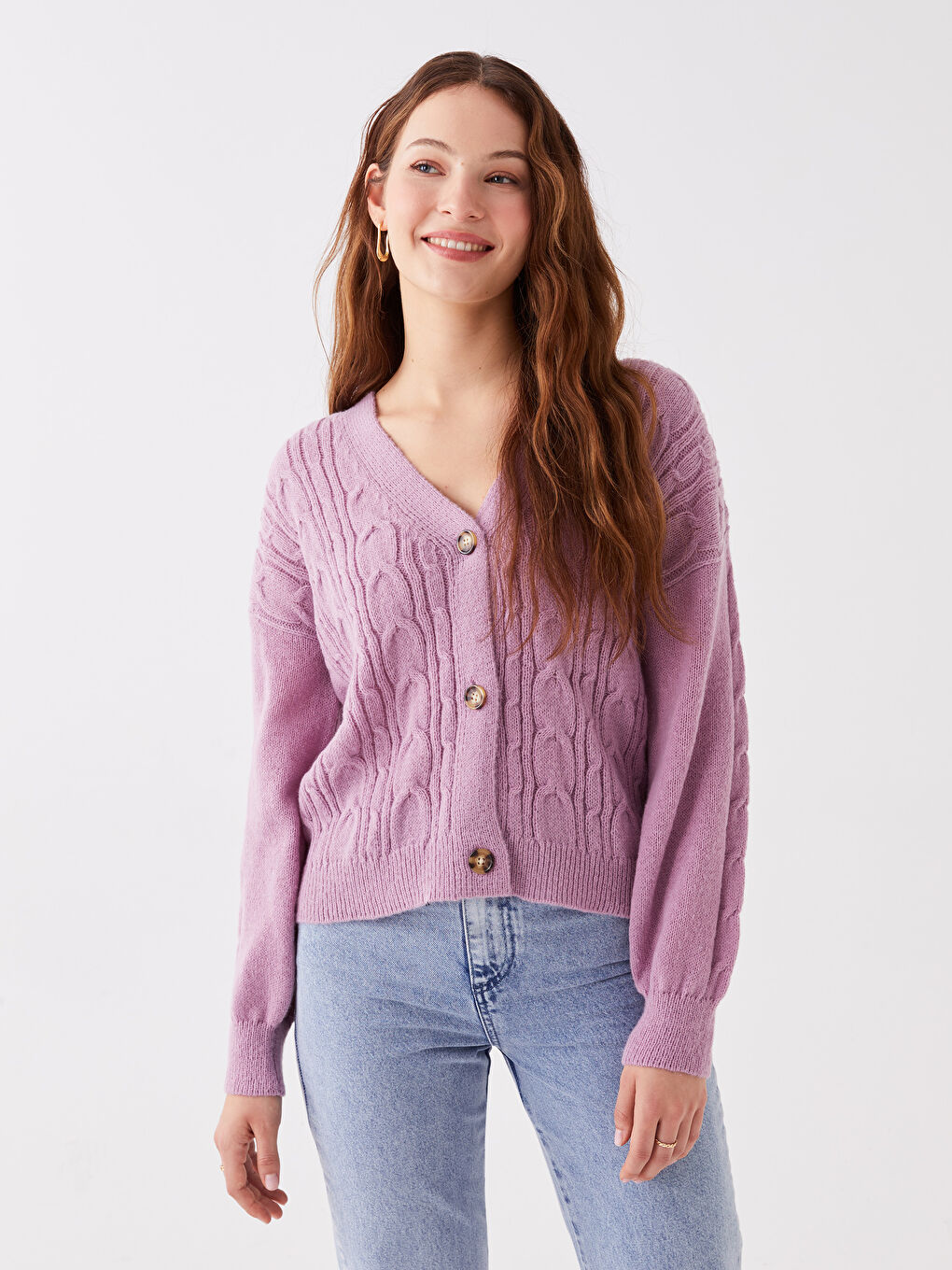 V-Neck Self Patterned Long Sleeve Women's Knitwear Cardigan