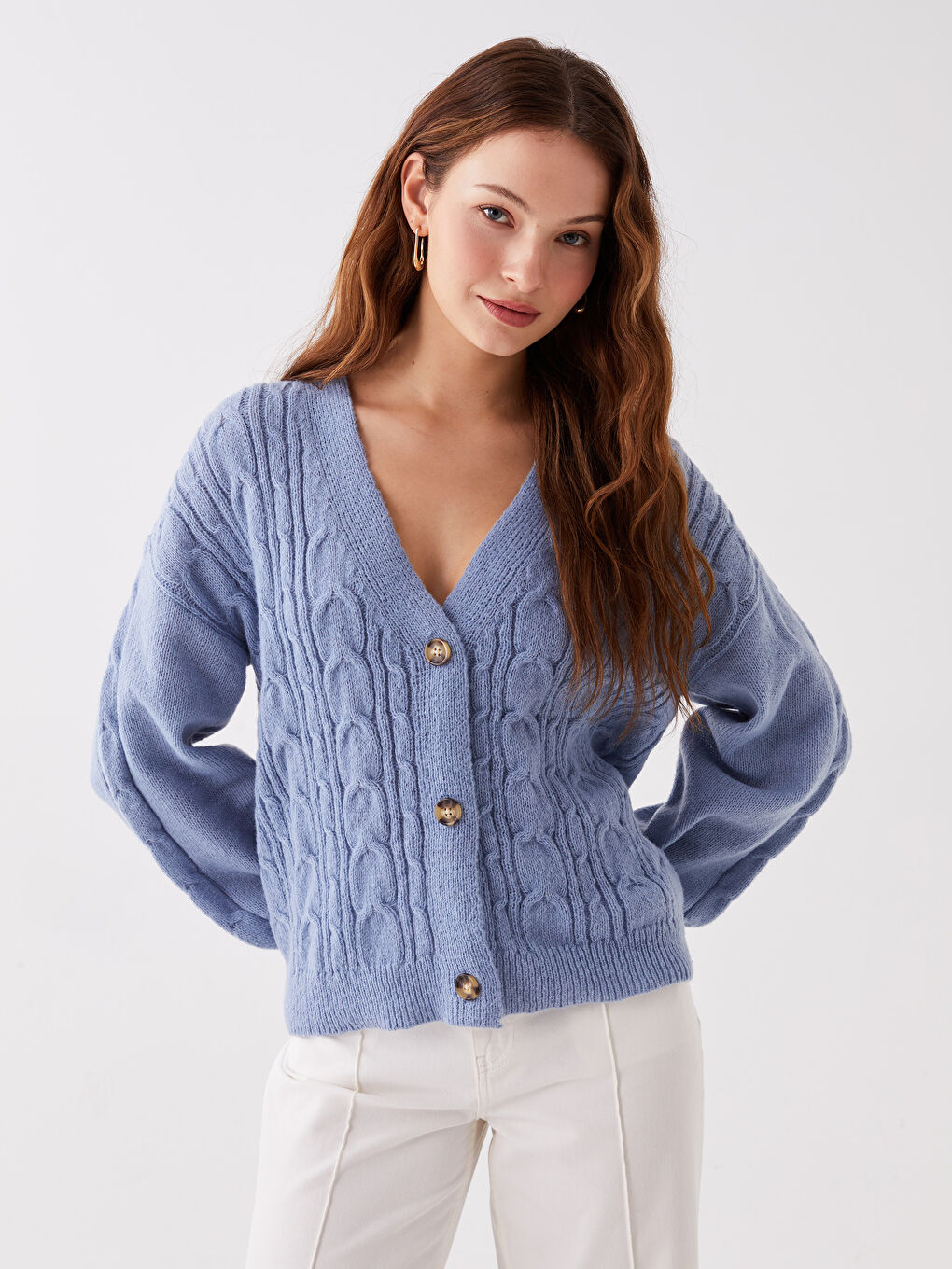 V-Neck Self Patterned Long Sleeve Women's Knitwear Cardigan-1