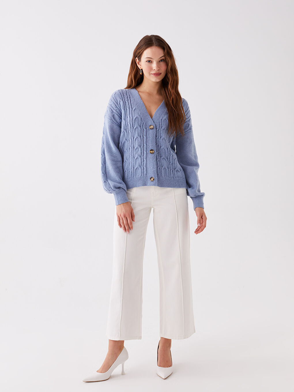 V-Neck Self Patterned Long Sleeve Women's Knitwear Cardigan-2