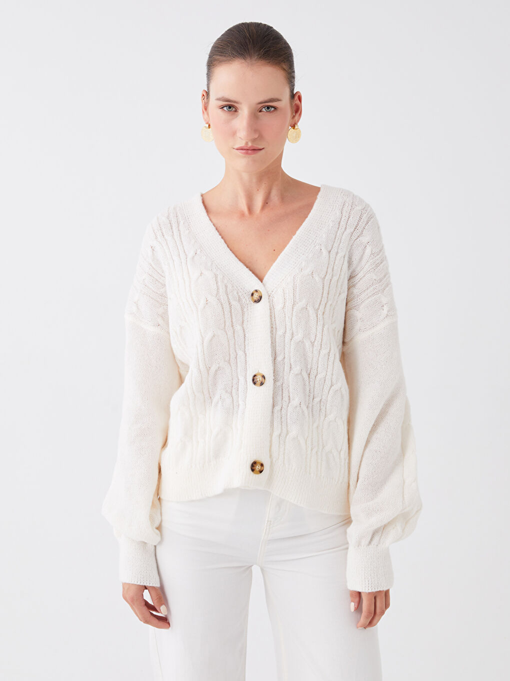 V-Neck Self Patterned Long Sleeve Women's Knitwear Cardigan